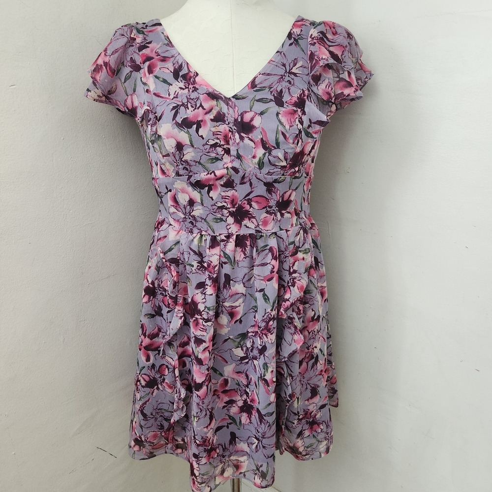 Express Floral Mini Dress Lavender Purple Pink V-Neck Ruffle Sleeve Size 4